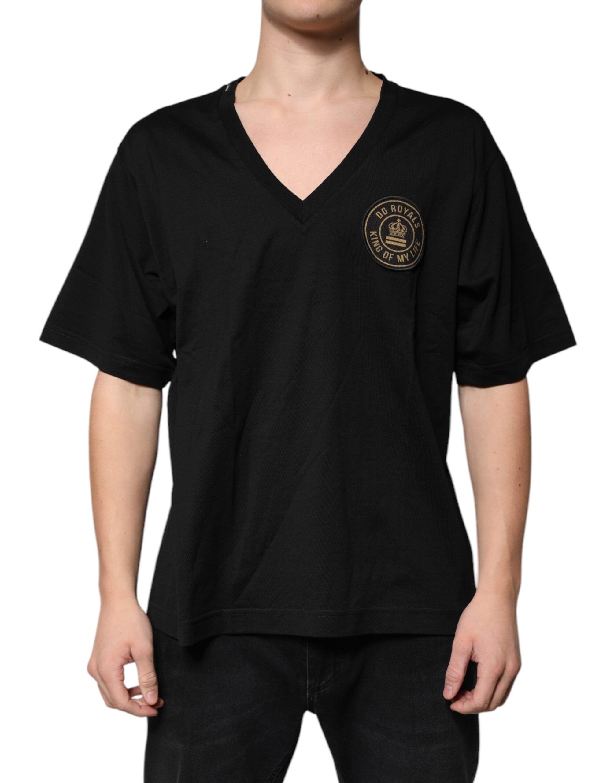 Dolce & Gabbana Black Cotton Logo Vneck Short Sleeve Men's T-shirt