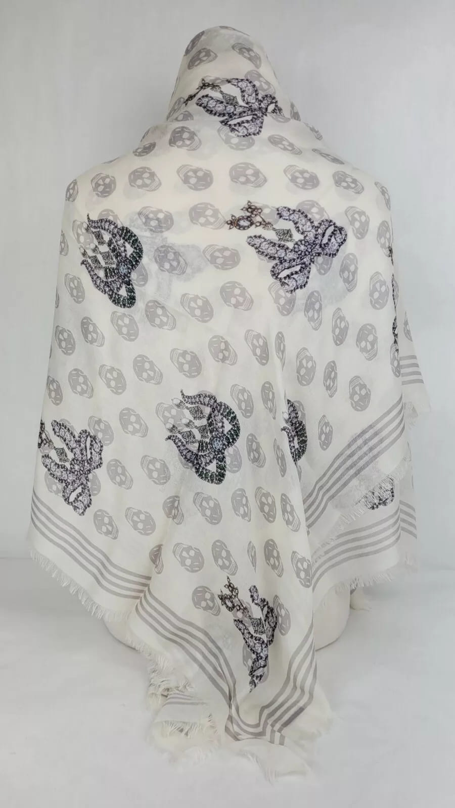 Alexander McQueen White Modal Skull/Crystal Ribbon Bow Print Scarf