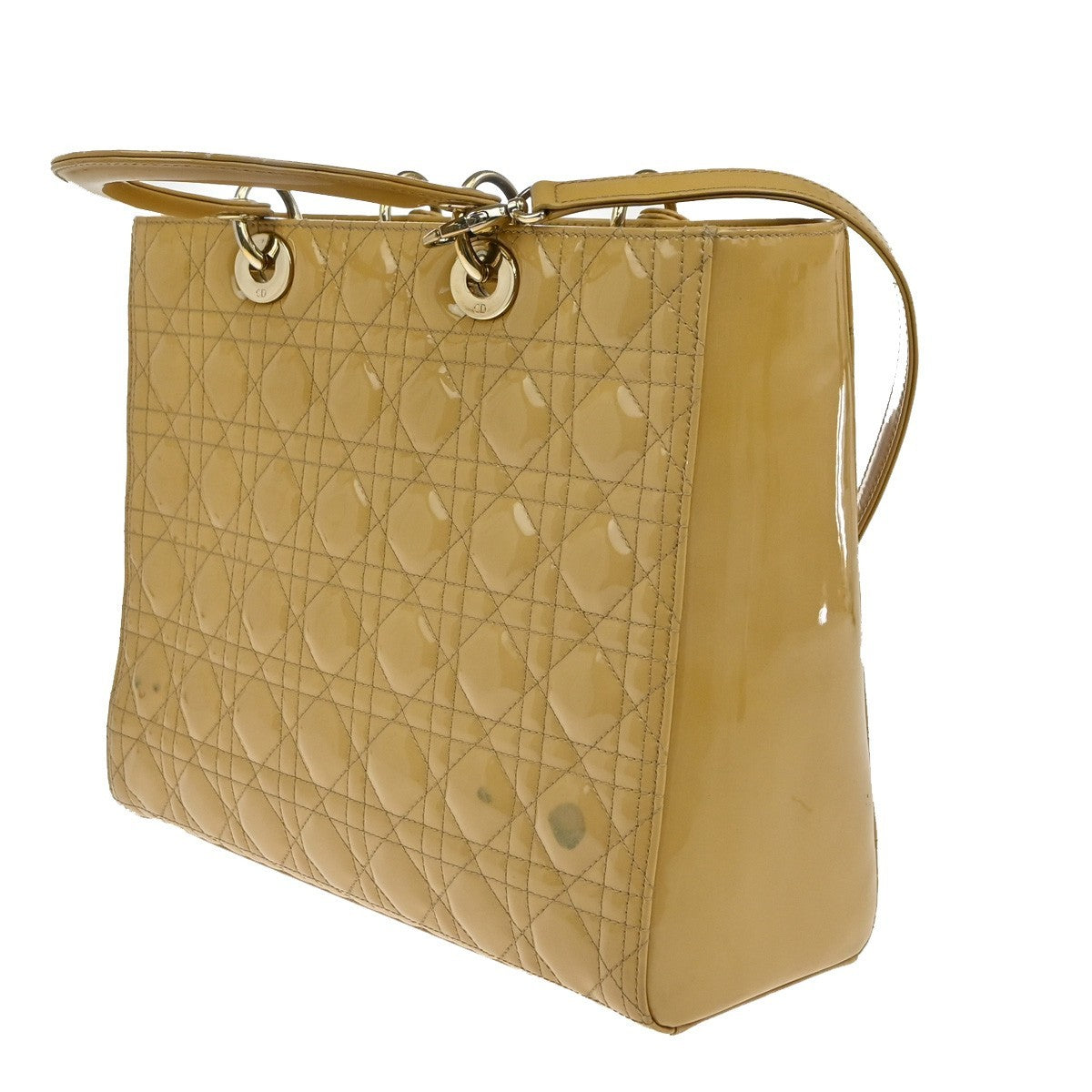Christian Dior Lady Dior Cannage Quilt Patent Yellow Patent_Leather Handbag (Pre-Owned)