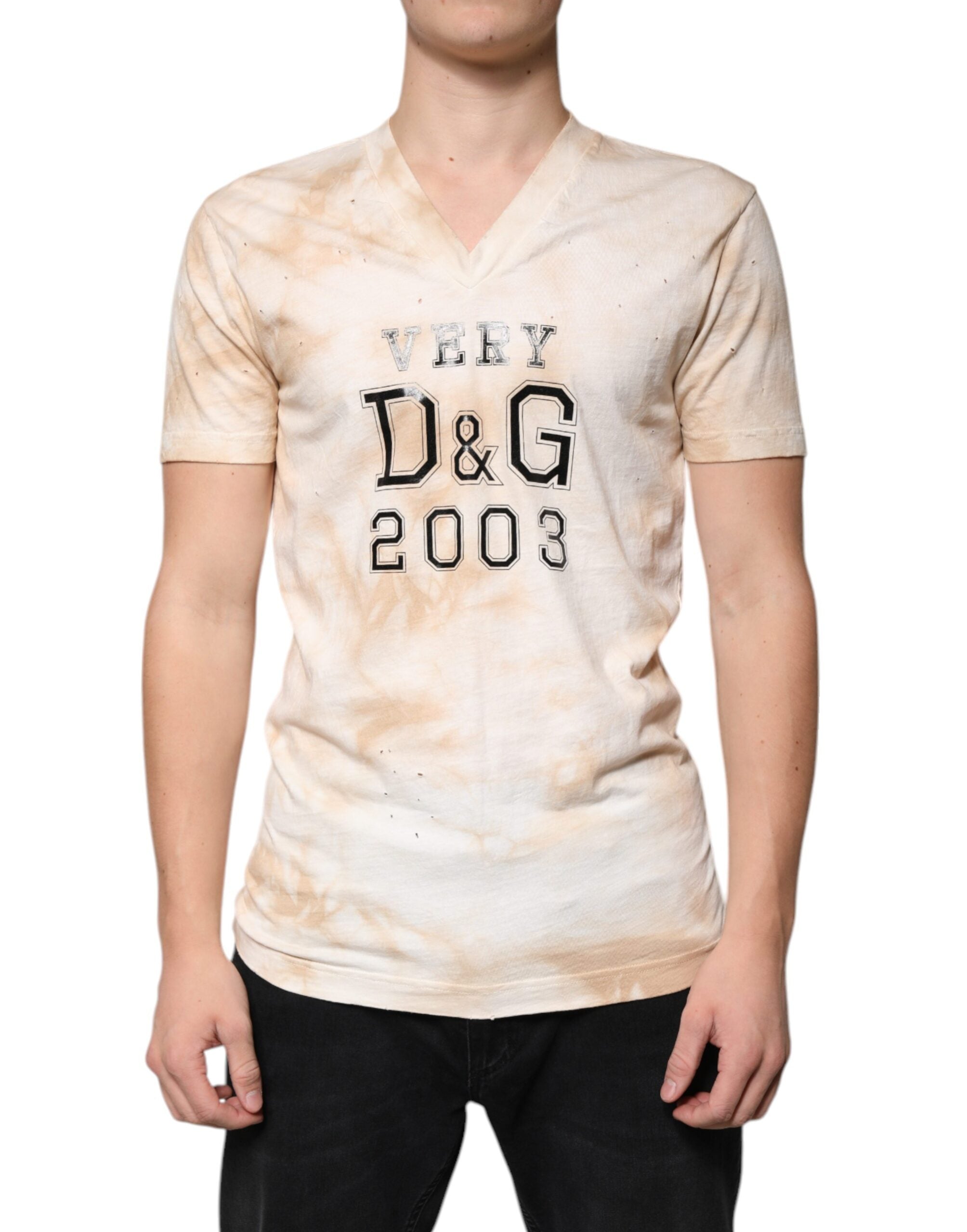 Dolce & Gabbana Beige Graphic Print Cotton V-neck Men's T-shirt