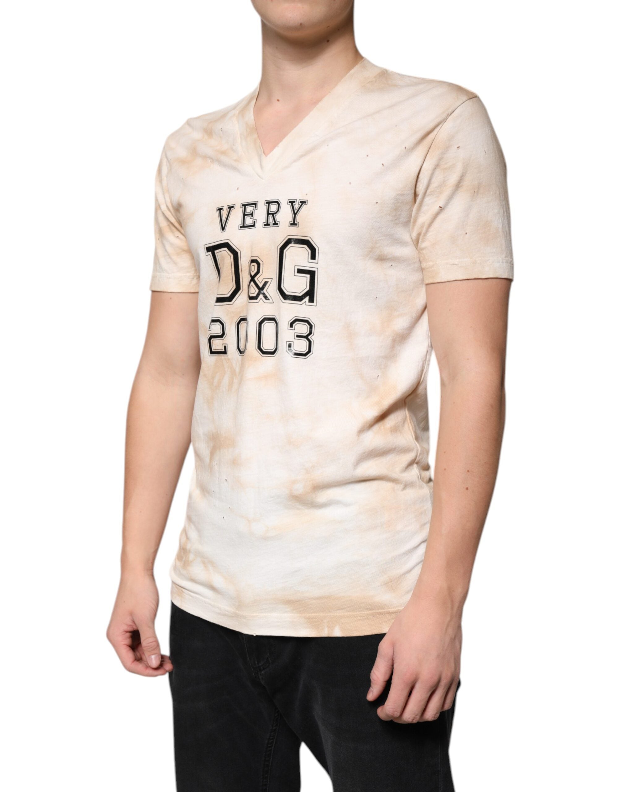Dolce & Gabbana Beige Graphic Print Cotton V-neck Men's T-shirt