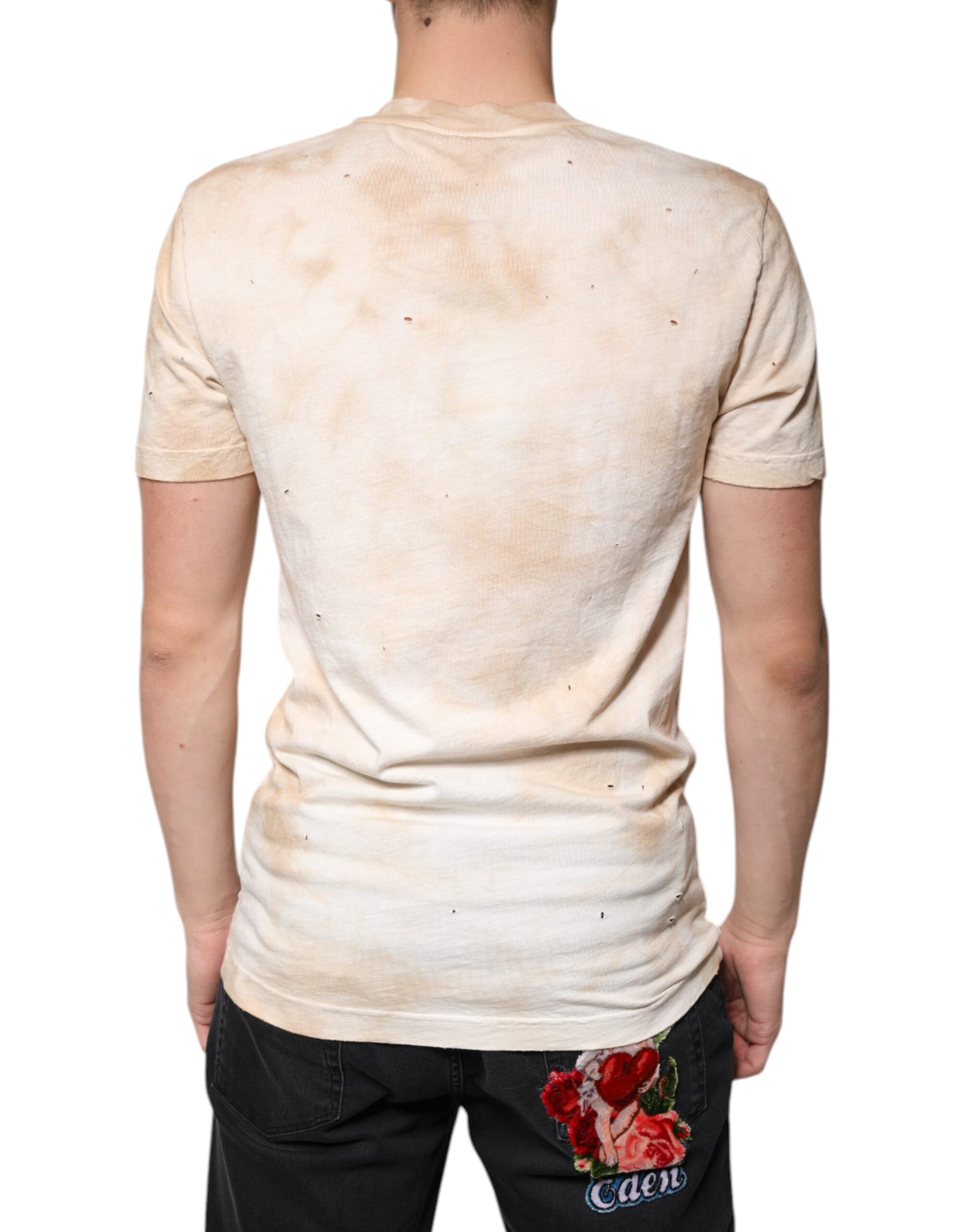 Dolce & Gabbana Beige Graphic Print Cotton V-neck Men's T-shirt