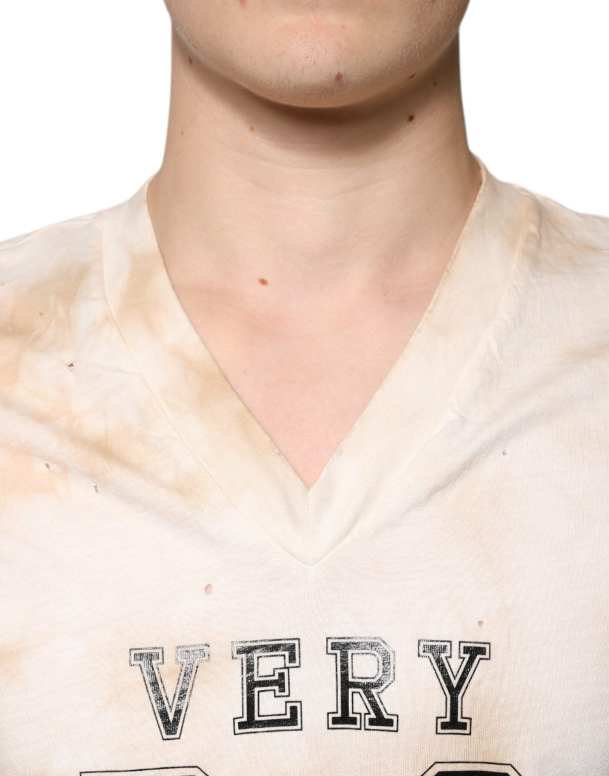 Dolce & Gabbana Beige Graphic Print Cotton V-neck Men's T-shirt