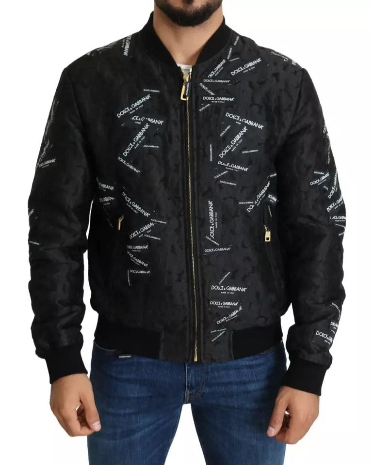 Dolce & Gabbana Black Logo Patch Brocade Bomber Full Zip Men's Jacket (Pre-Owned)