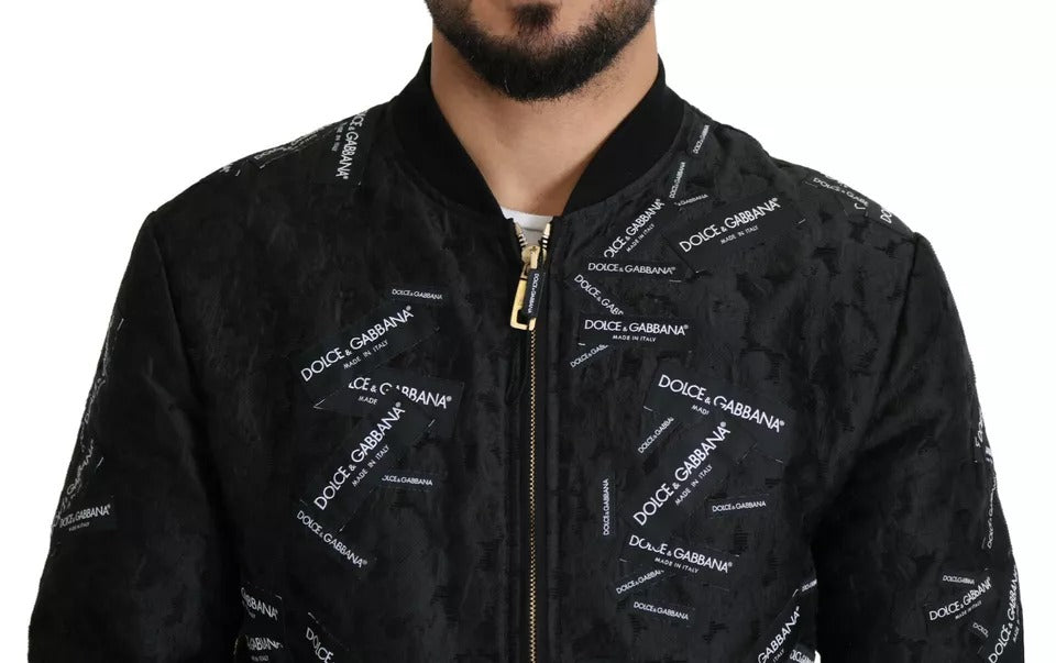 Dolce & Gabbana Black Logo Patch Brocade Bomber Full Zip Men's Jacket (Pre-Owned)