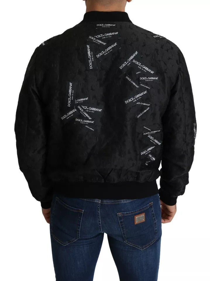Dolce & Gabbana Black Logo Patch Brocade Bomber Full Zip Men's Jacket (Pre-Owned)