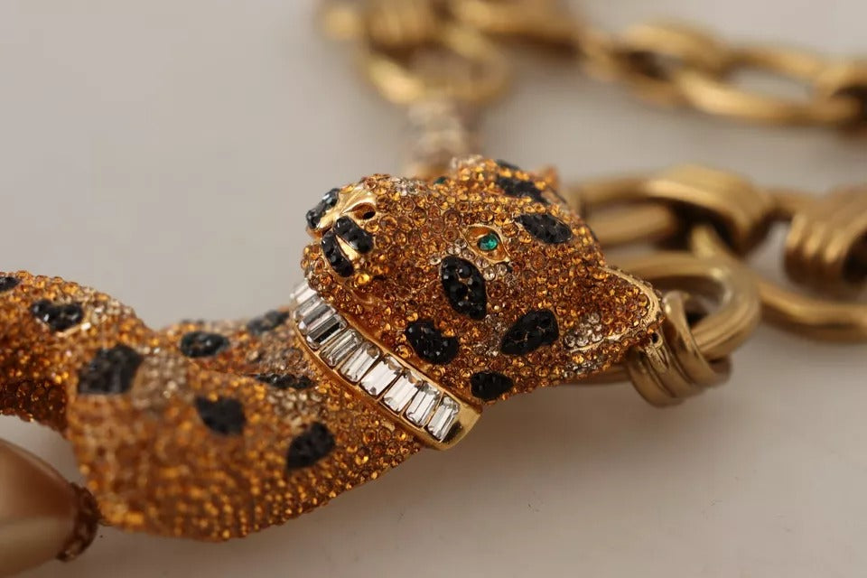 Dolce & Gabbana Gold Brass Chain Crystal Pearl Leopard Pendant Women's Necklace (Pre-Owned)