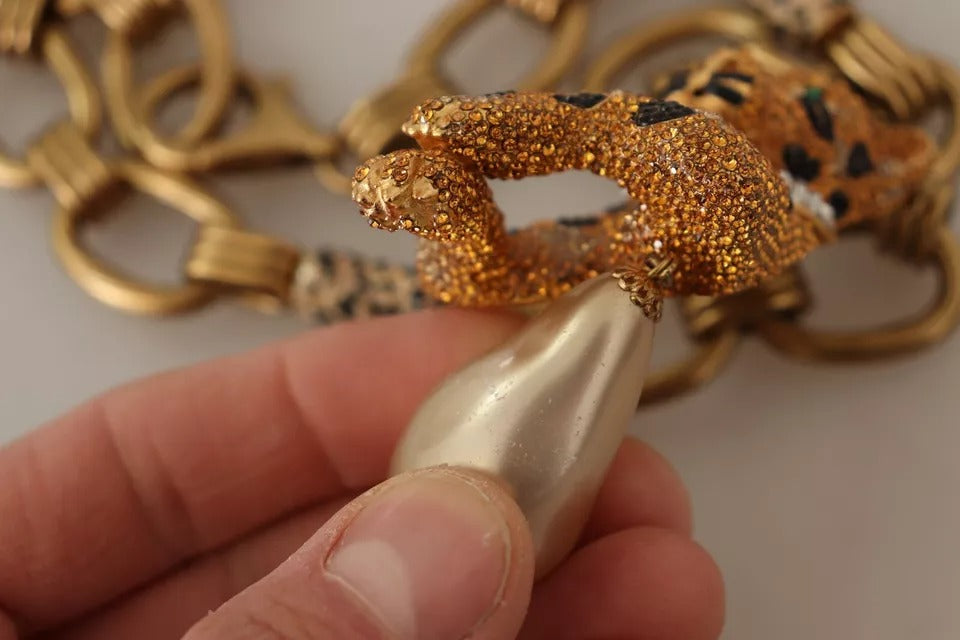 Dolce & Gabbana Gold Brass Chain Crystal Pearl Leopard Pendant Women's Necklace (Pre-Owned)