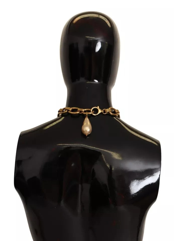 Dolce & Gabbana Gold Brass Chain Crystal Pearl Leopard Pendant Women's Necklace (Pre-Owned)