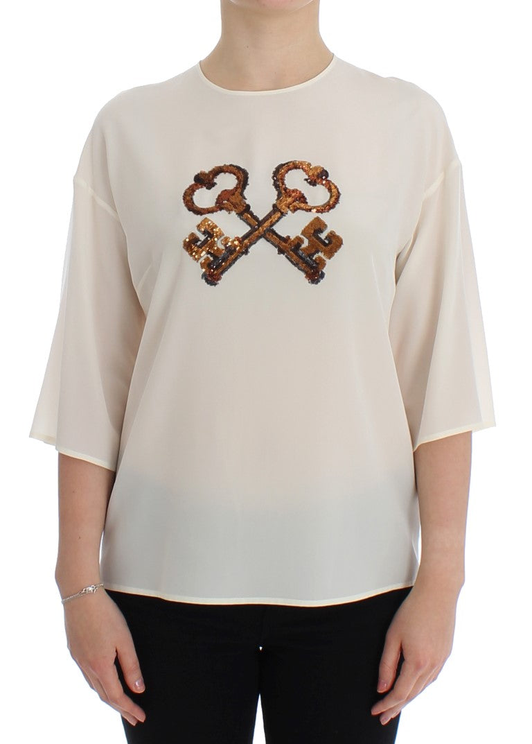 Dolce & Gabbana White Sequined Key Silk Blouse T-shirt Women's Top