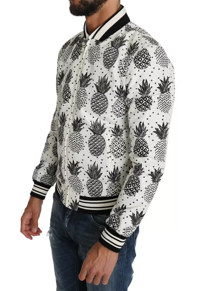 Dolce & Gabbana White Black Pineapple Bomber Coat Men's Jacket