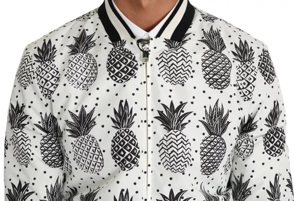 Dolce & Gabbana White Black Pineapple Bomber Coat Men's Jacket