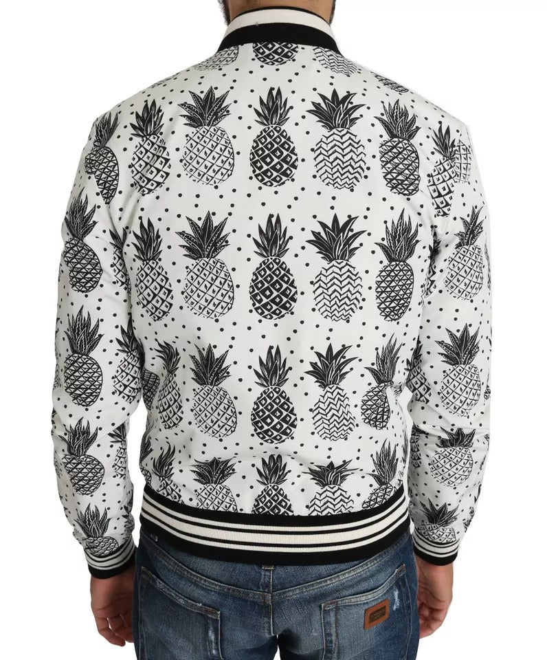 Dolce & Gabbana White Black Pineapple Bomber Coat Men's Jacket