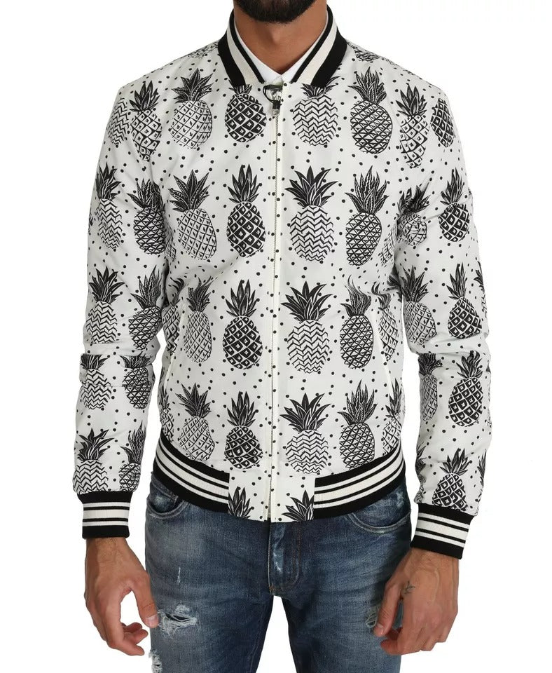 Dolce & Gabbana White Black Pineapple Bomber Coat Men's Jacket