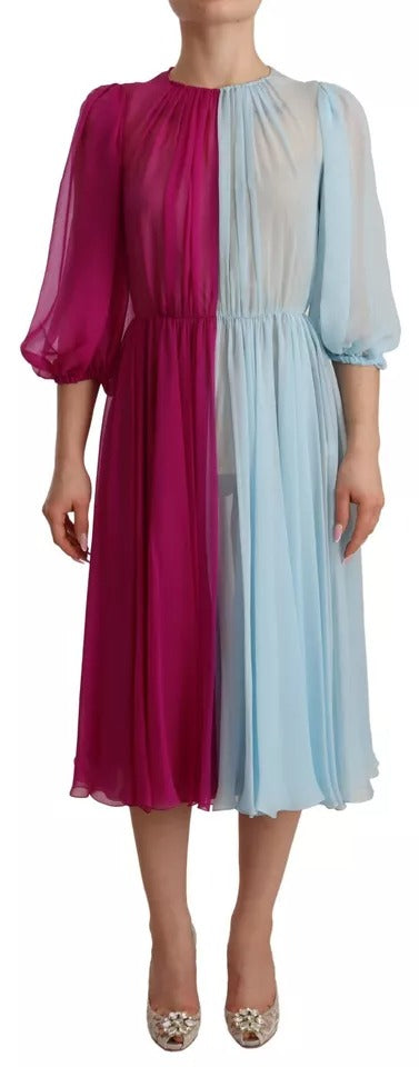 Dolce & Gabbana Fuchsia Light Blue Silk Two Tone Midi Women's Dress (Pre-Owned)
