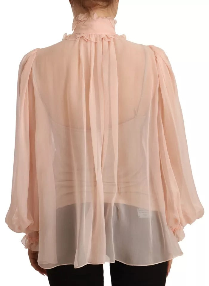 Dolce & Gabbana Light Pink Silk Long Sleeve Ascot Collar Women's Top (Pre-Owned)