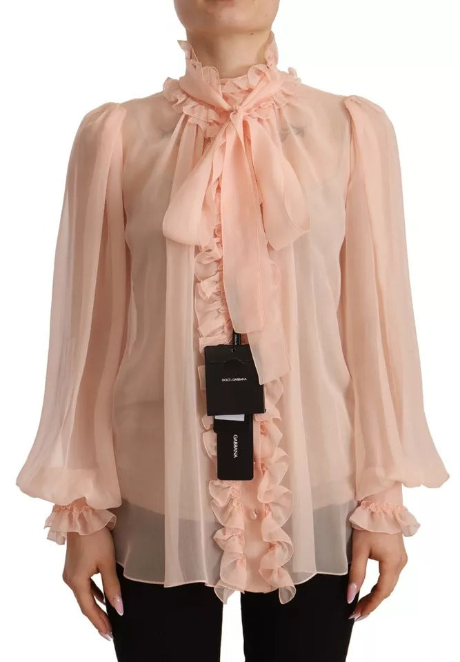 Dolce & Gabbana Light Pink Silk Long Sleeve Ascot Collar Women's Top (Pre-Owned)