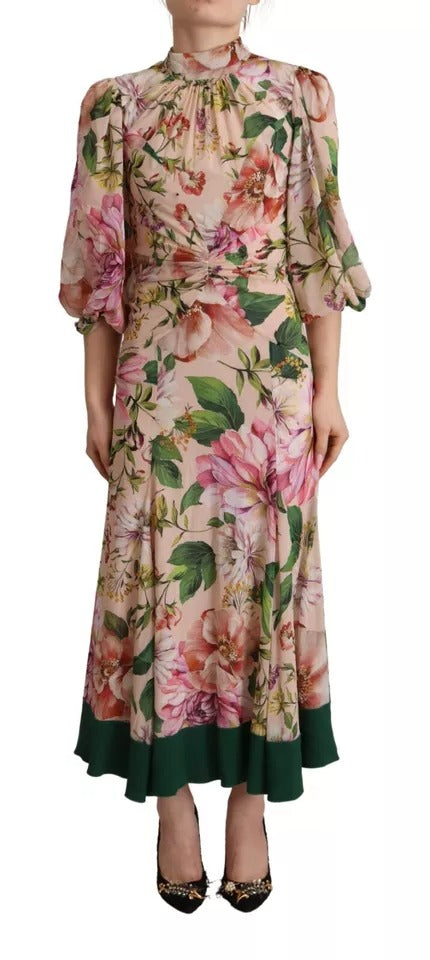 Dolce & Gabbana Pink A-line Sheath Floral Pussy Bow Long Women's Dress (Pre-Owned)
