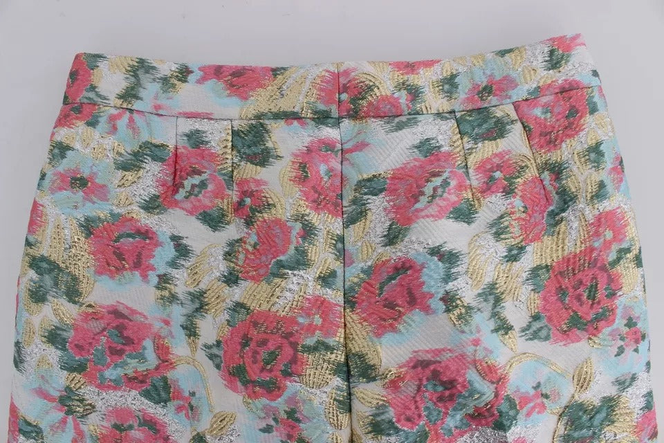 Dolce & Gabbana White Pink Floral Brocade Women's Pants
