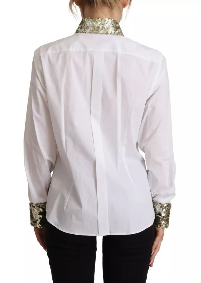 Dolce & Gabbana White Cotton Collared Long Sleeves Sequin Top Women's Shirt (Pre-Owned)
