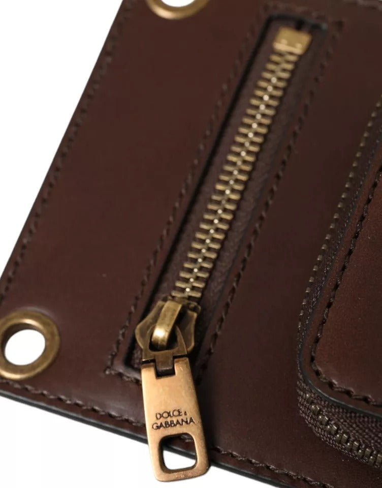 Dolce & Gabbana Brown Calf Leather Zip Logo Shoulder Neck Strap Men's Wallet