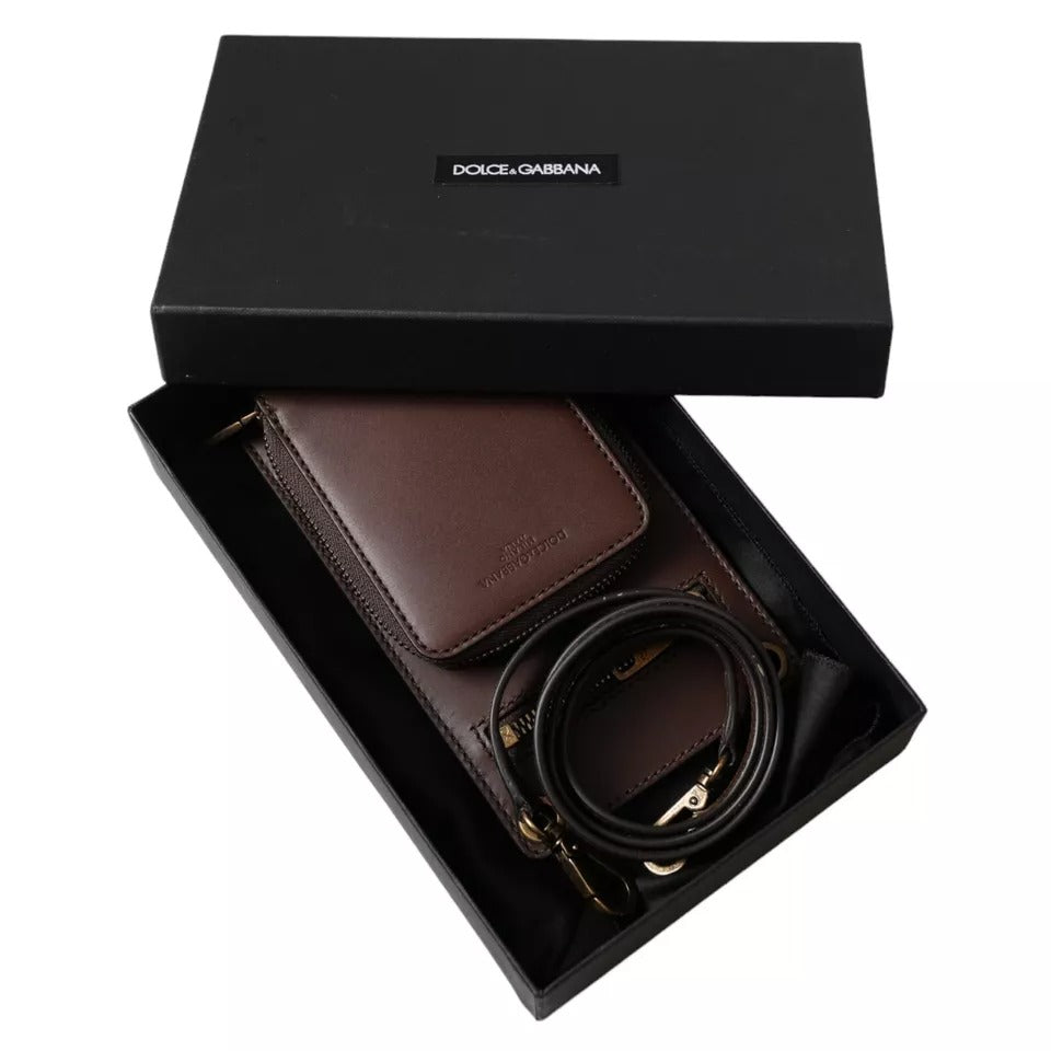 Dolce & Gabbana Brown Calf Leather Zip Logo Shoulder Neck Strap Men's Wallet