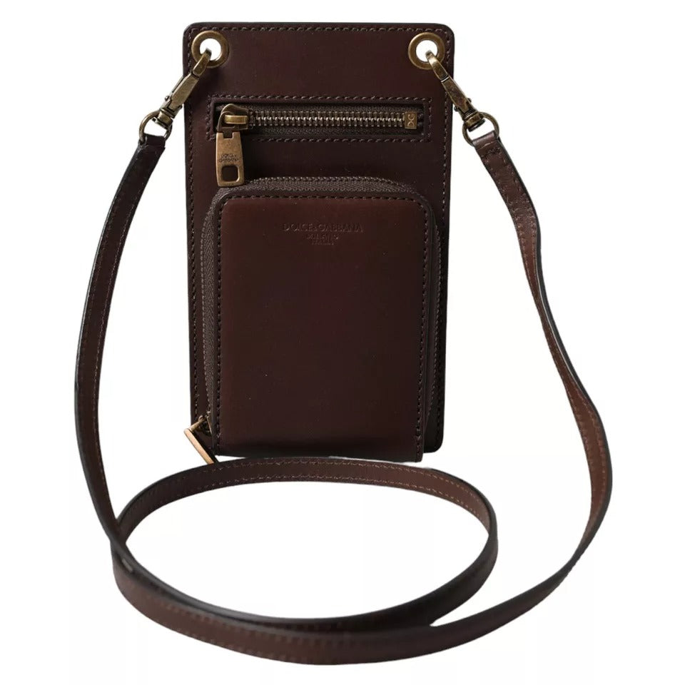 Dolce & Gabbana Brown Calf Leather Zip Logo Shoulder Neck Strap Men's Wallet