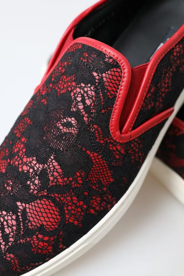 Dolce & Gabbana Black Red Lace Slip On Low Top Sneakers Women's Shoes (Pre-Owned)