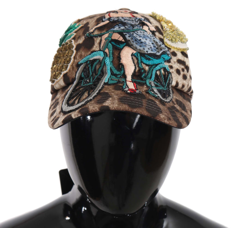 Dolce & Gabbana Brown Leopard Sequin Sicily Applique Baseball Women's Hat