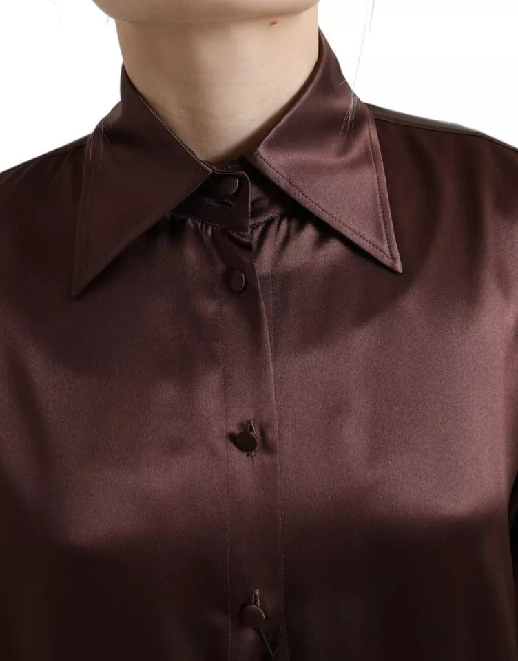 Dolce & Gabbana Brown Silk Collared Long Sleeves Top Women's Blouse (Pre-Owned)