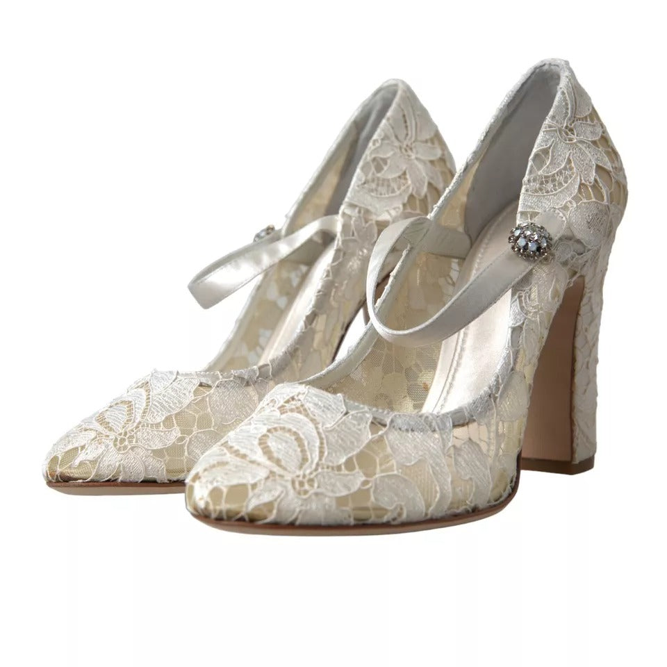 Dolce & Gabbana White Lace Crystals Heels Sandals Women's Shoes (Pre-Owned)