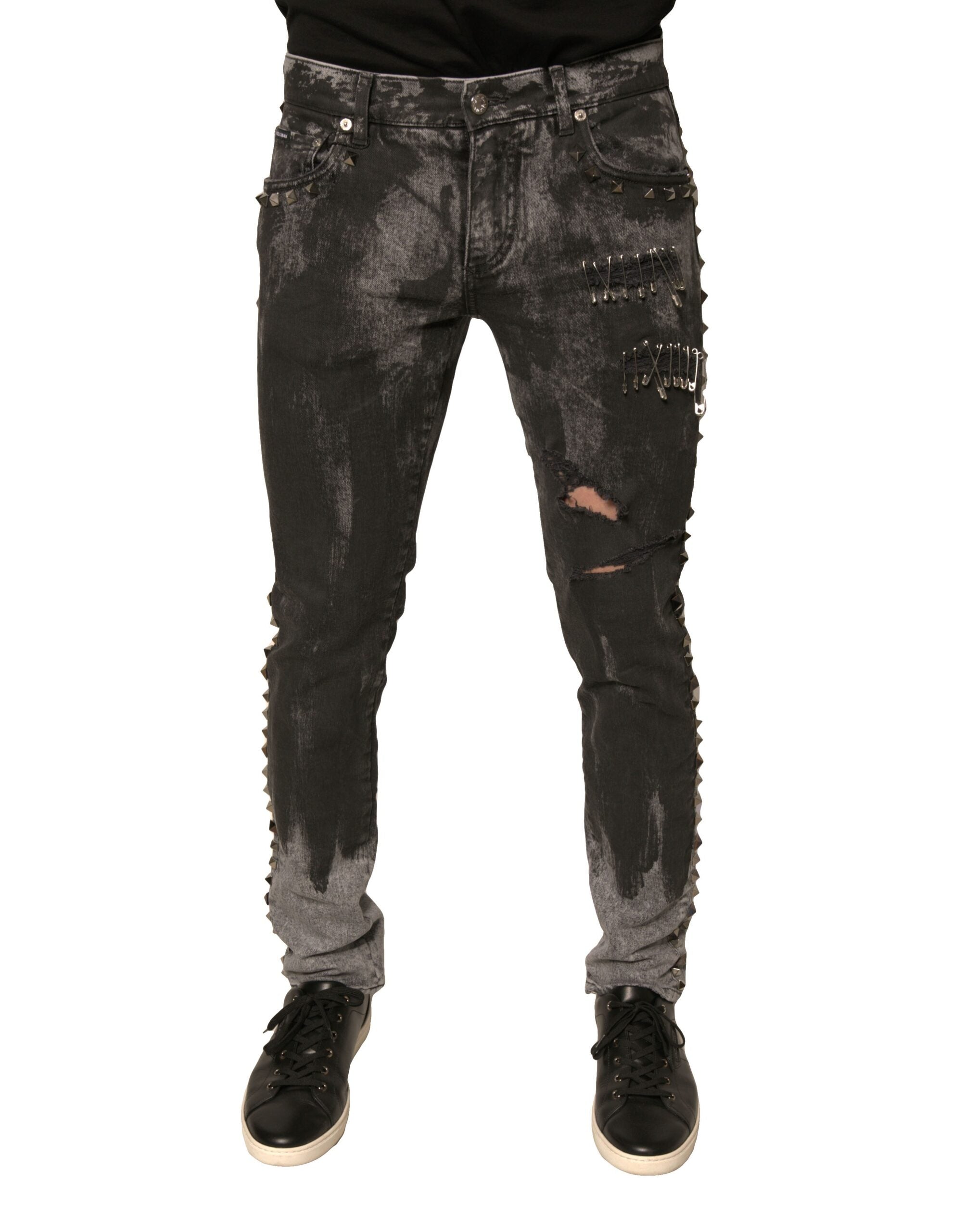 Dolce & Gabbana Gray Embellished Cotton Skinny Denim Men's Jeans (Pre-Owned)