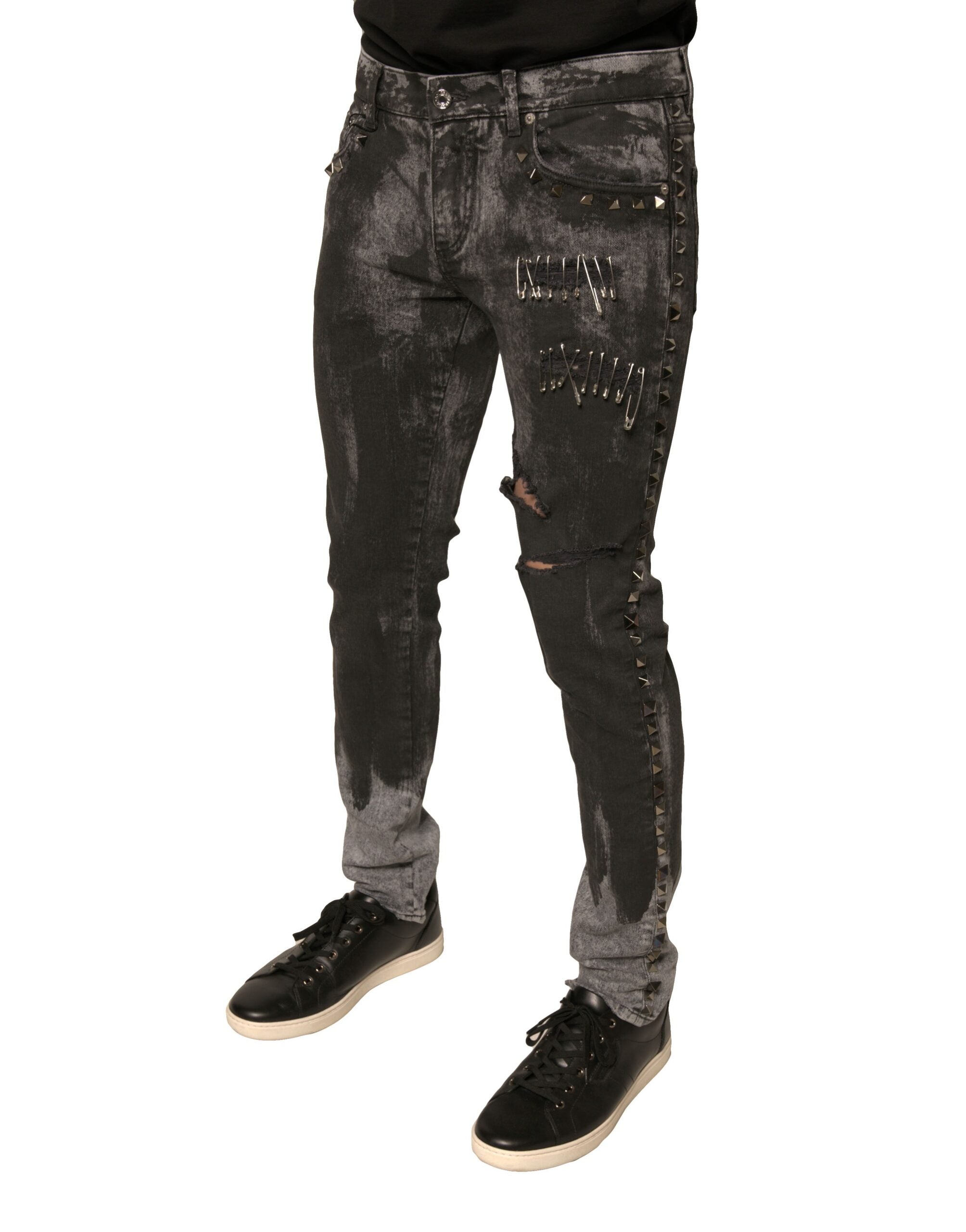 Dolce & Gabbana Gray Embellished Cotton Skinny Denim Men's Jeans (Pre-Owned)