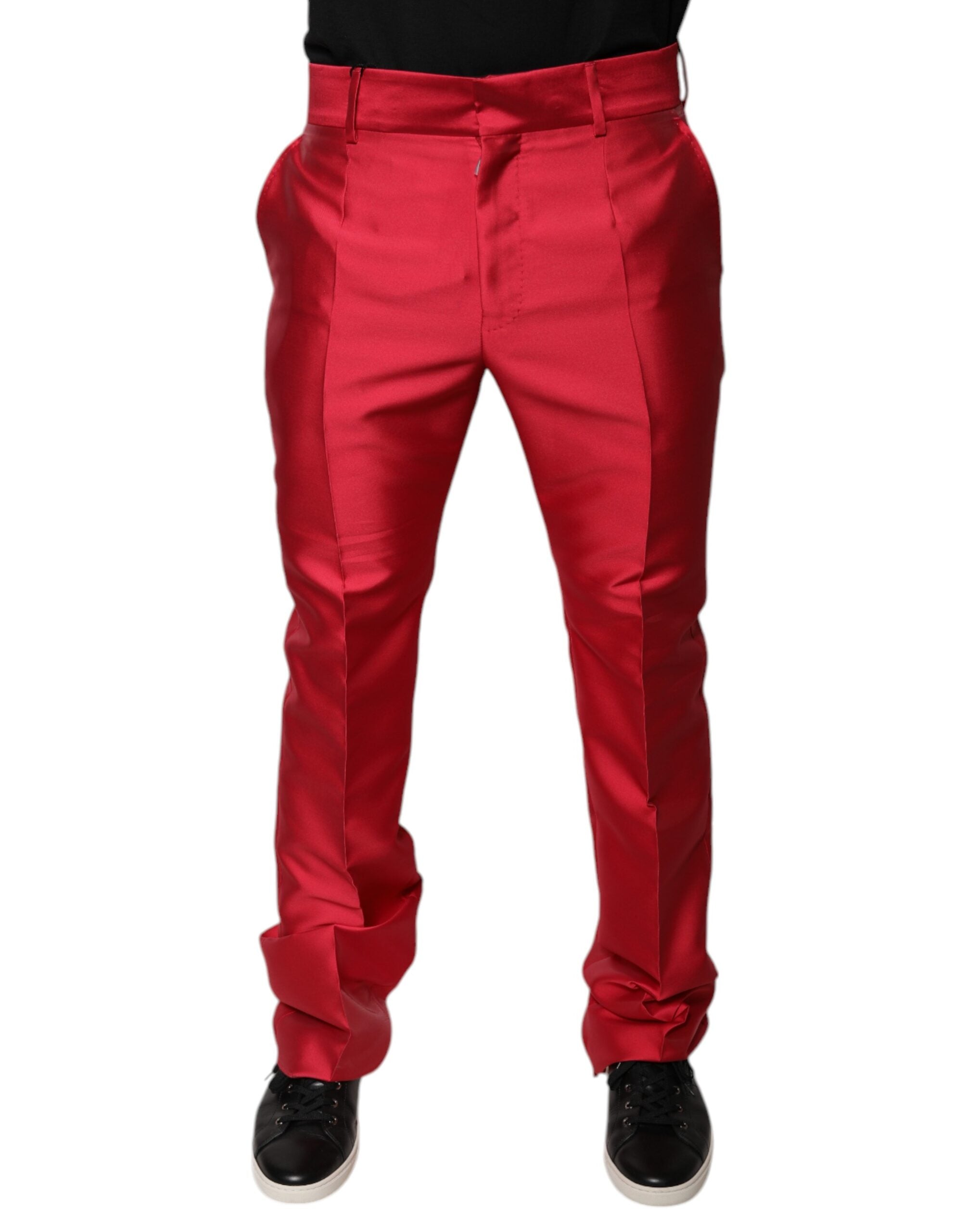 Dolce & Gabbana Red Silk Slim Fit Mid Waist Dress Formal Men's Pants (Pre-Owned)