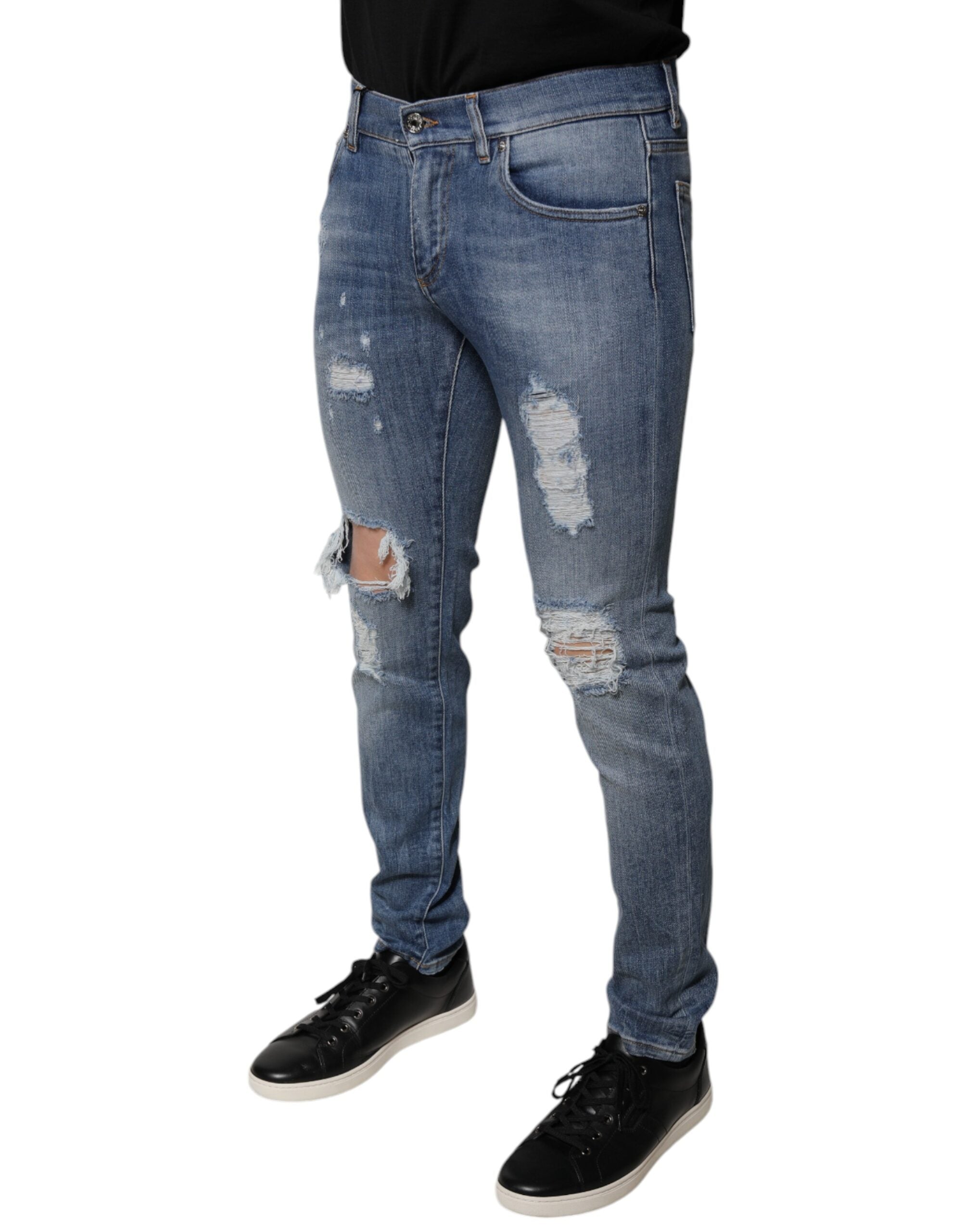 Dolce & Gabbana Blue Tattered Cotton Stretch Skinny Denim Men's Jeans