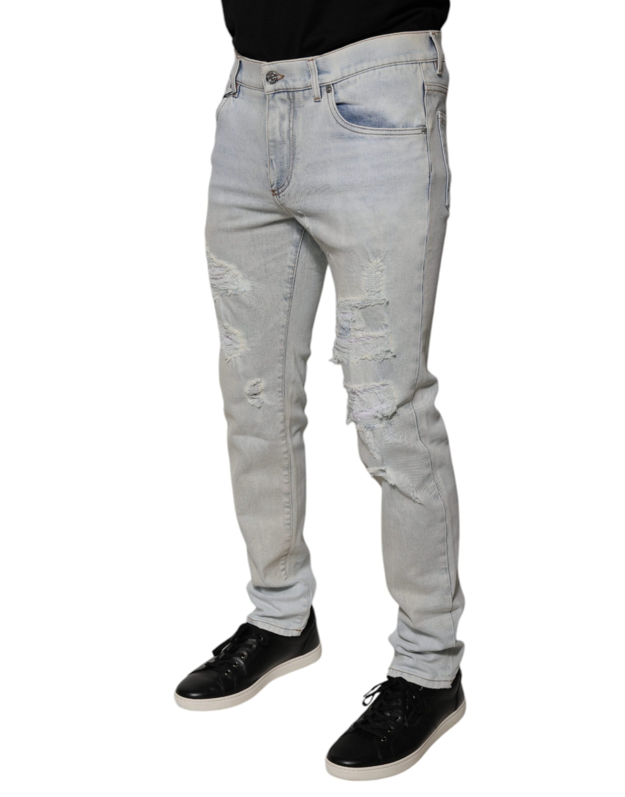 Dolce & Gabbana Light Blue Cotton Blend Tattered Skinny Denim Men's Jeans
