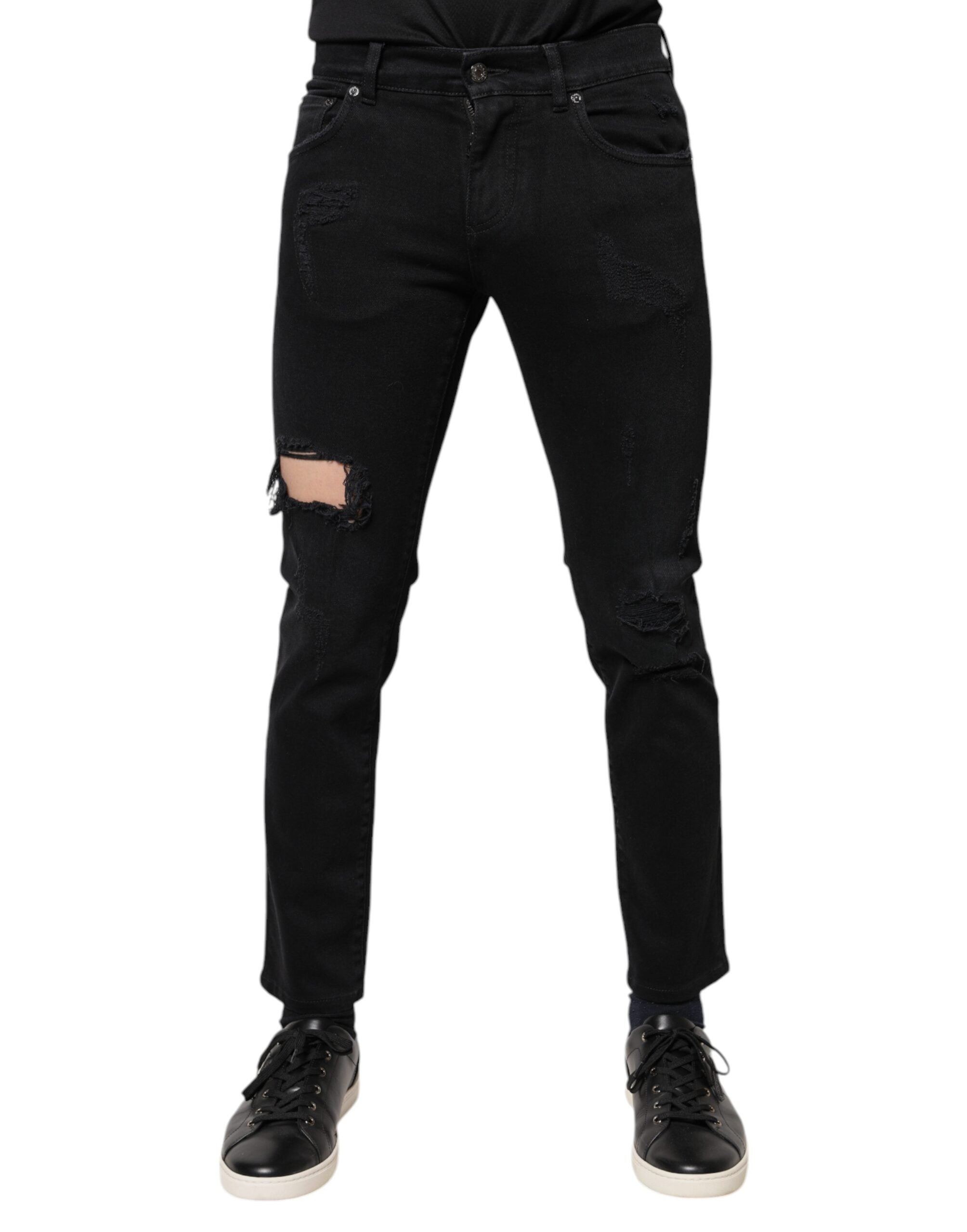 Dolce & Gabbana Black Cotton Tattered Skinny Denim Logo Men's Jeans