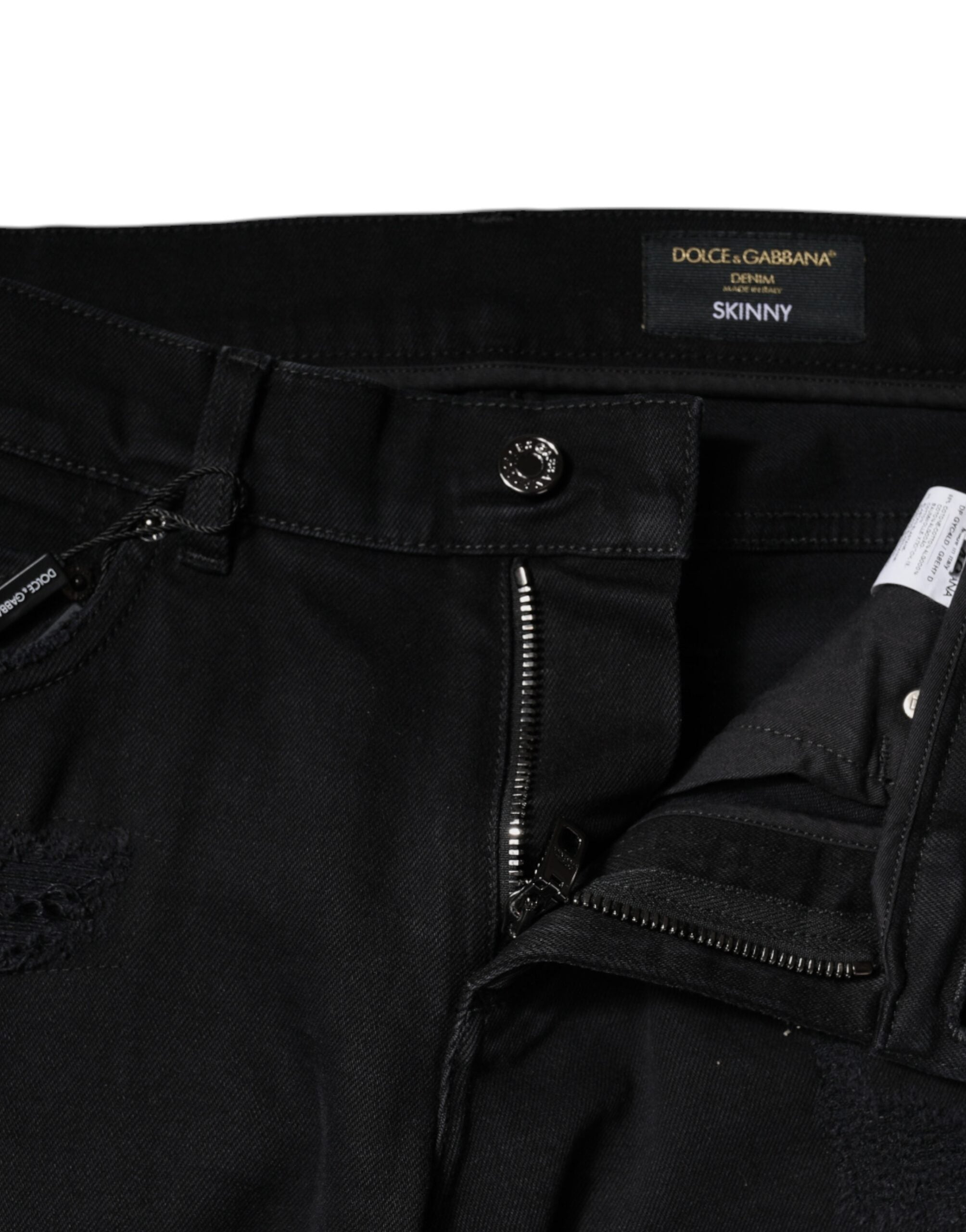 Dolce & Gabbana Black Cotton Tattered Skinny Denim Logo Men's Jeans
