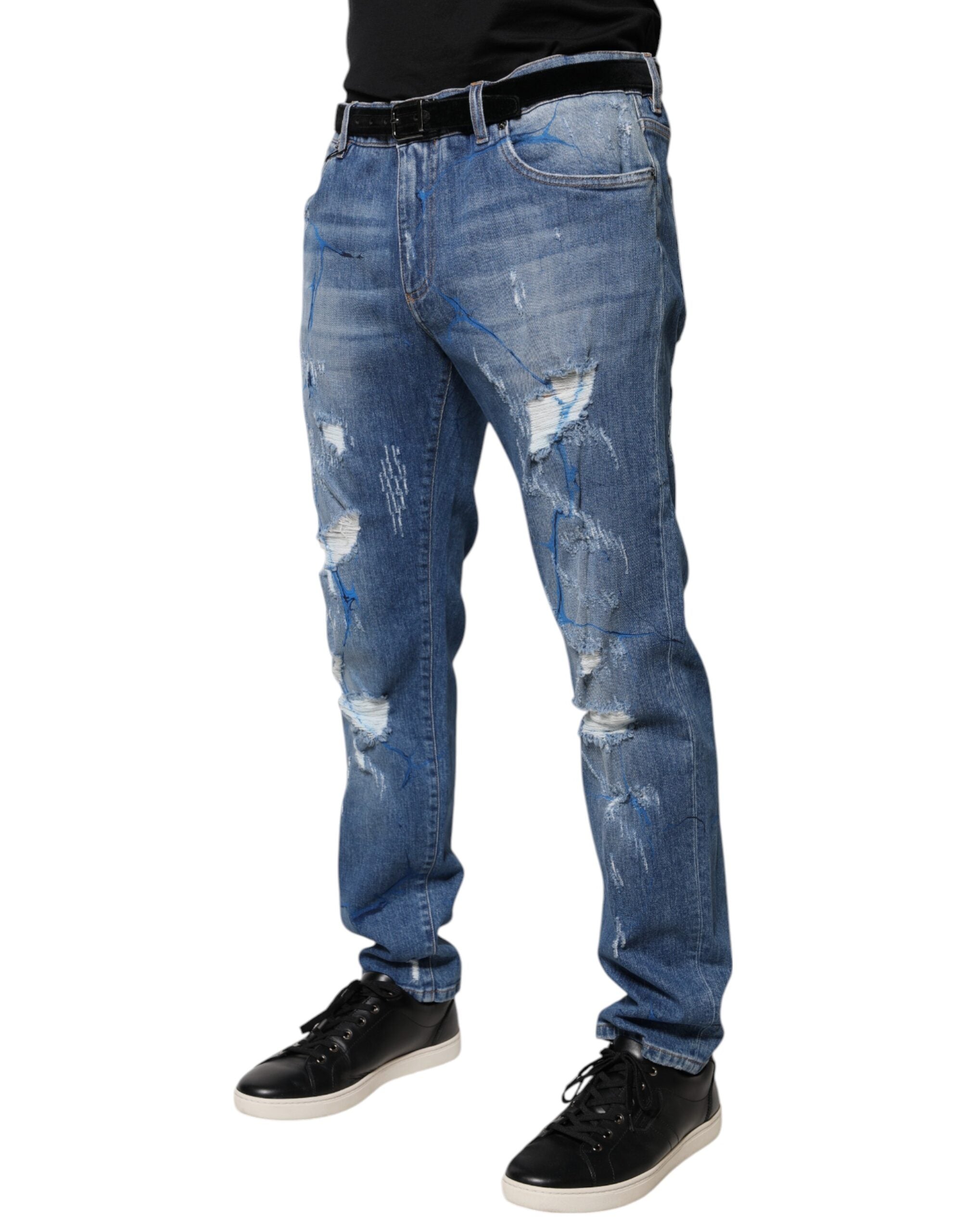 Dolce & Gabbana Blue Cotton Stretch Tattered Skinny Denim Men's Jeans