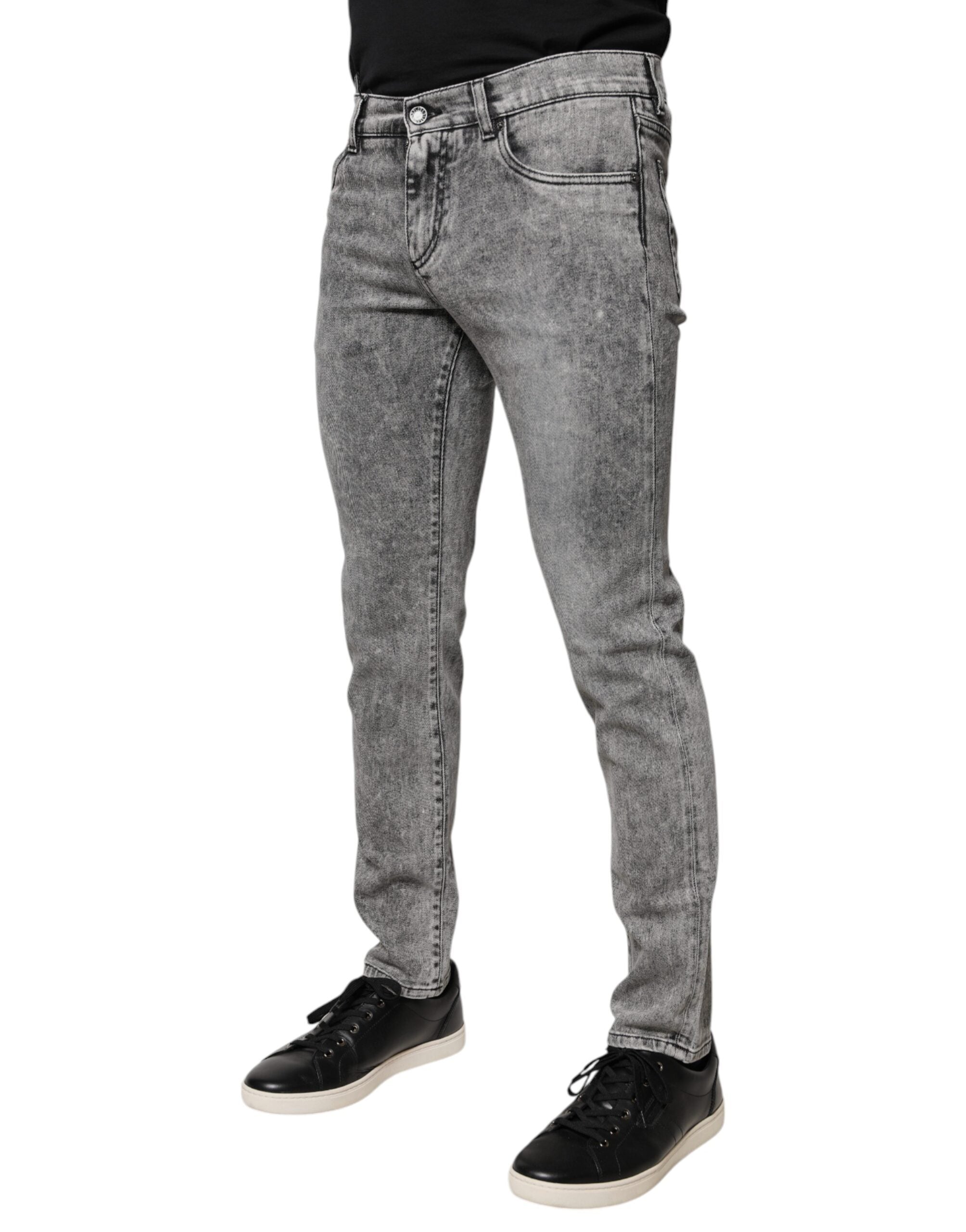 Dolce & Gabbana Gray Logo Plaque Cotton Slim Fit Denim Men's Jeans