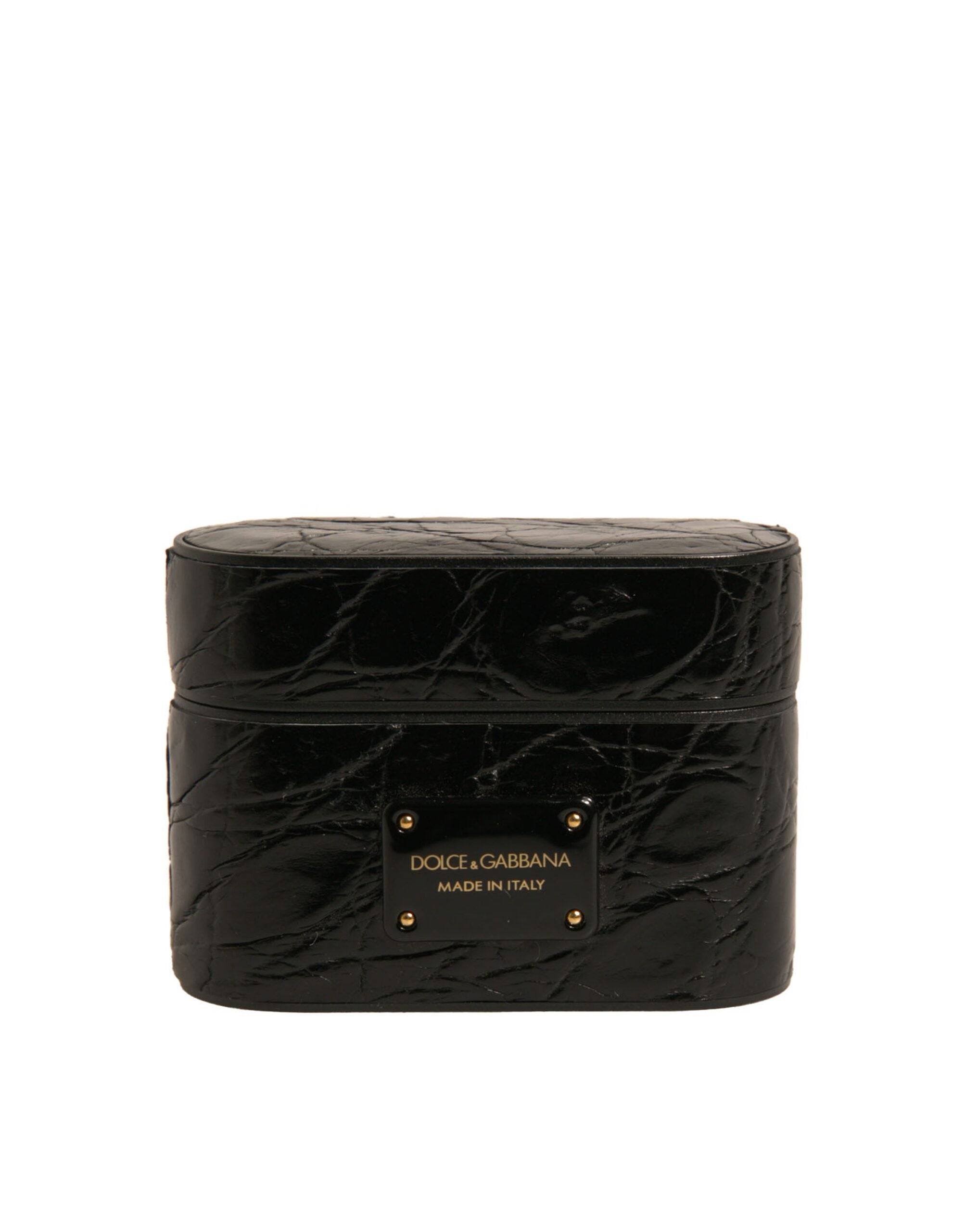 Dolce & Gabbana Black Leather Metal Logo Plaque Holder Airpods  Case