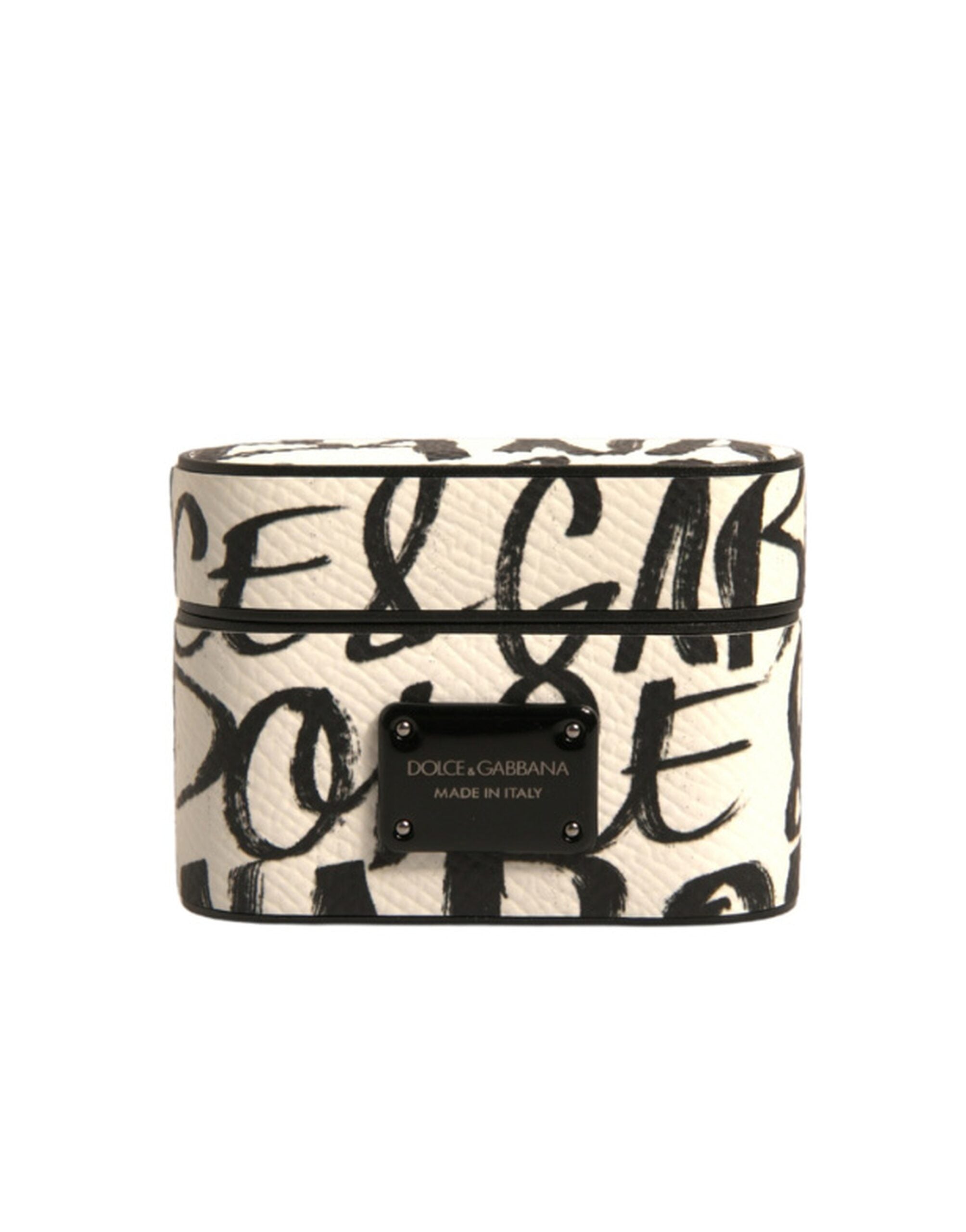 Dolce & Gabbana Black White Leather Scribble Embossed Logo Airpods Men's Case