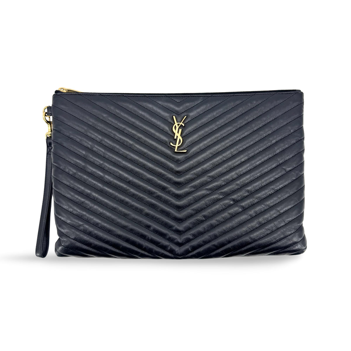 Saint Laurent Puffy Zip Patent Black Leather Clutche & Pouche Bag (Pre-Owned)