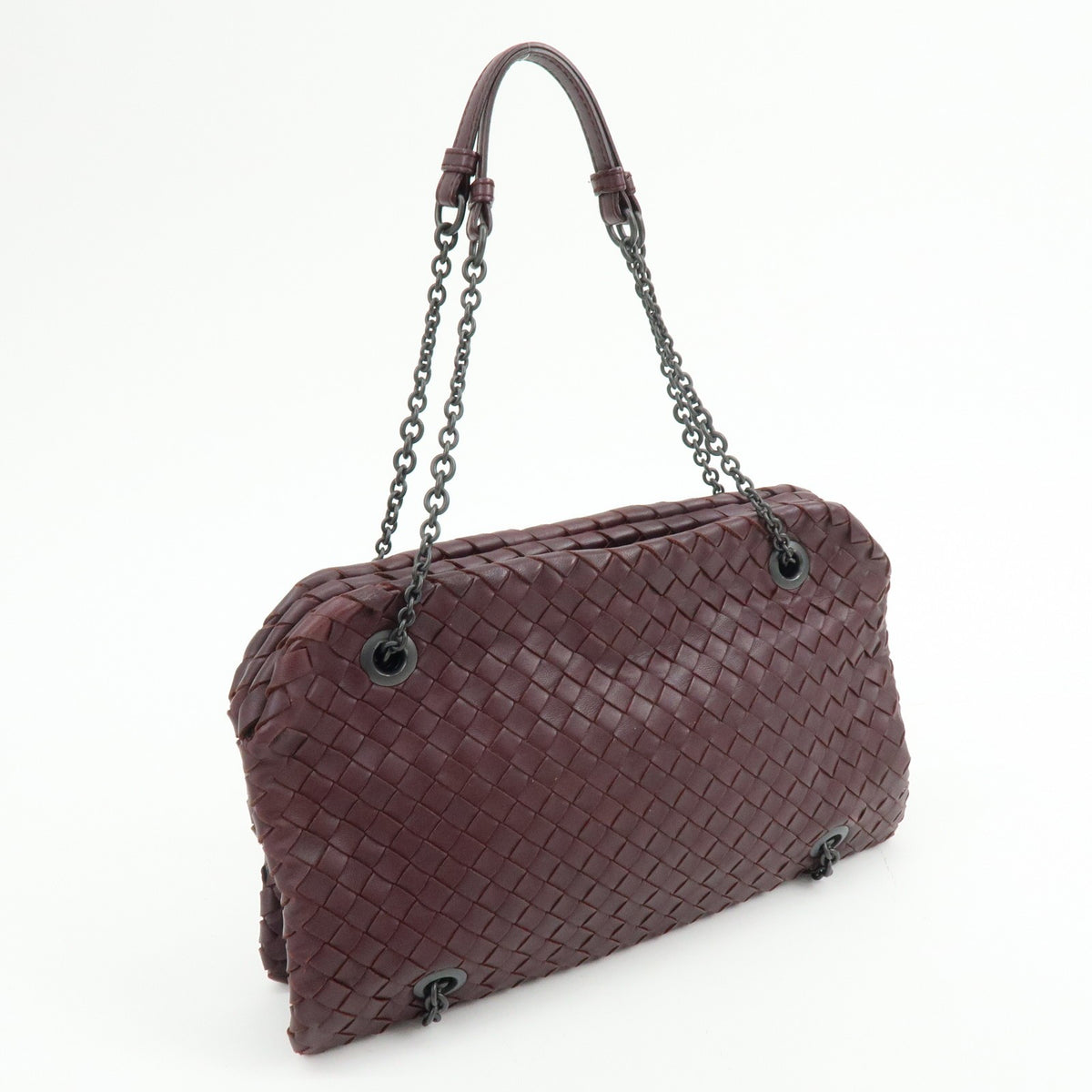 Bottega Veneta Double Chain Intrecciato Nappa Burgundy Leather Tote Bag Bag (Pre-Owned)