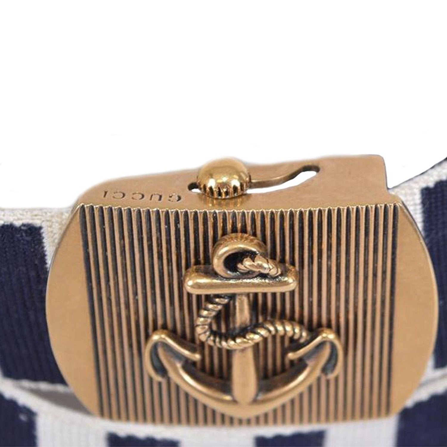 Gucci Men's Navy / White Fabric Brass Anchor Buckle Striped Belt (90 / 36)