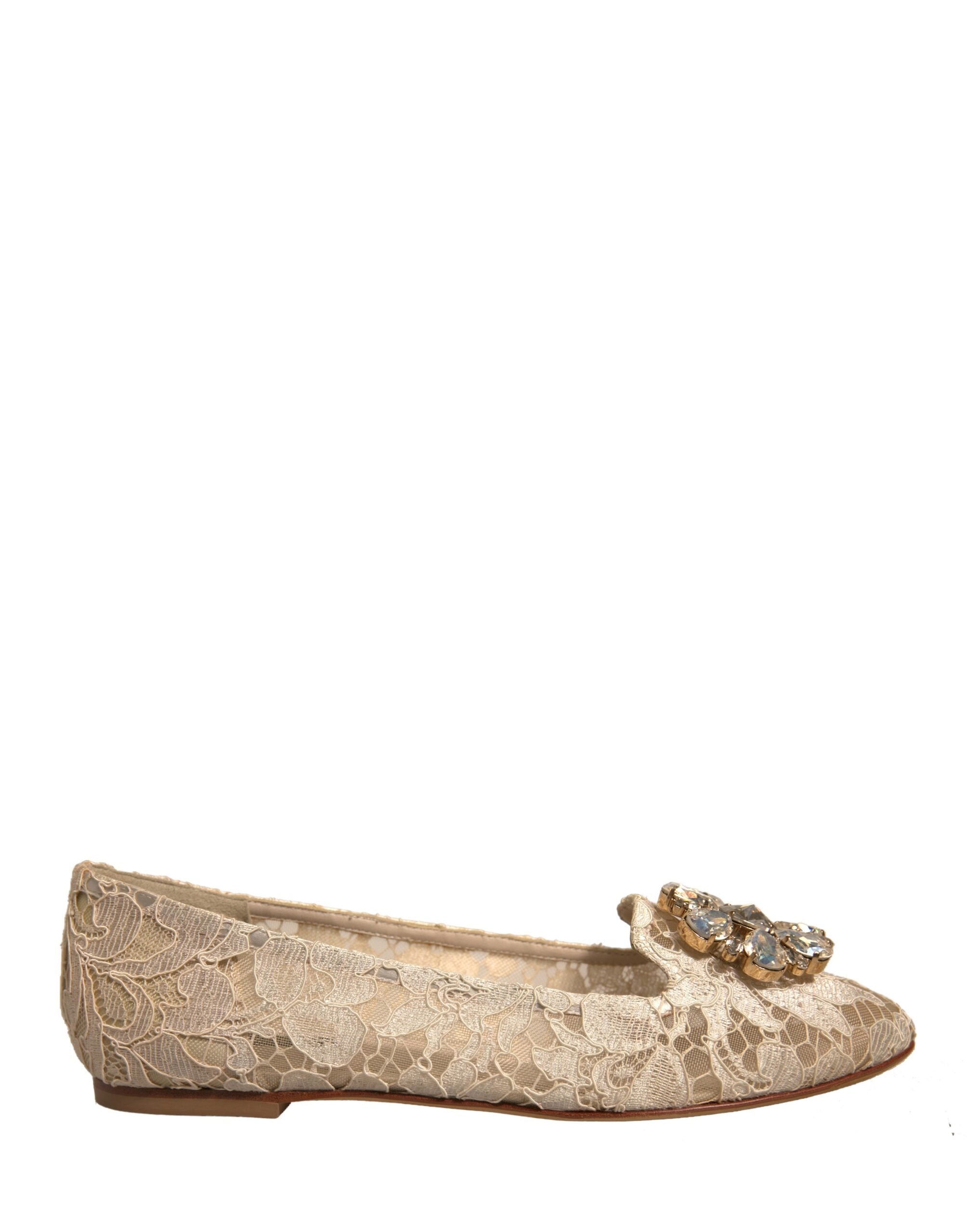 Dolce & Gabbana Beige Crystal Loafer Lace Ballet Flats Women's Shoes (Pre-Owned)