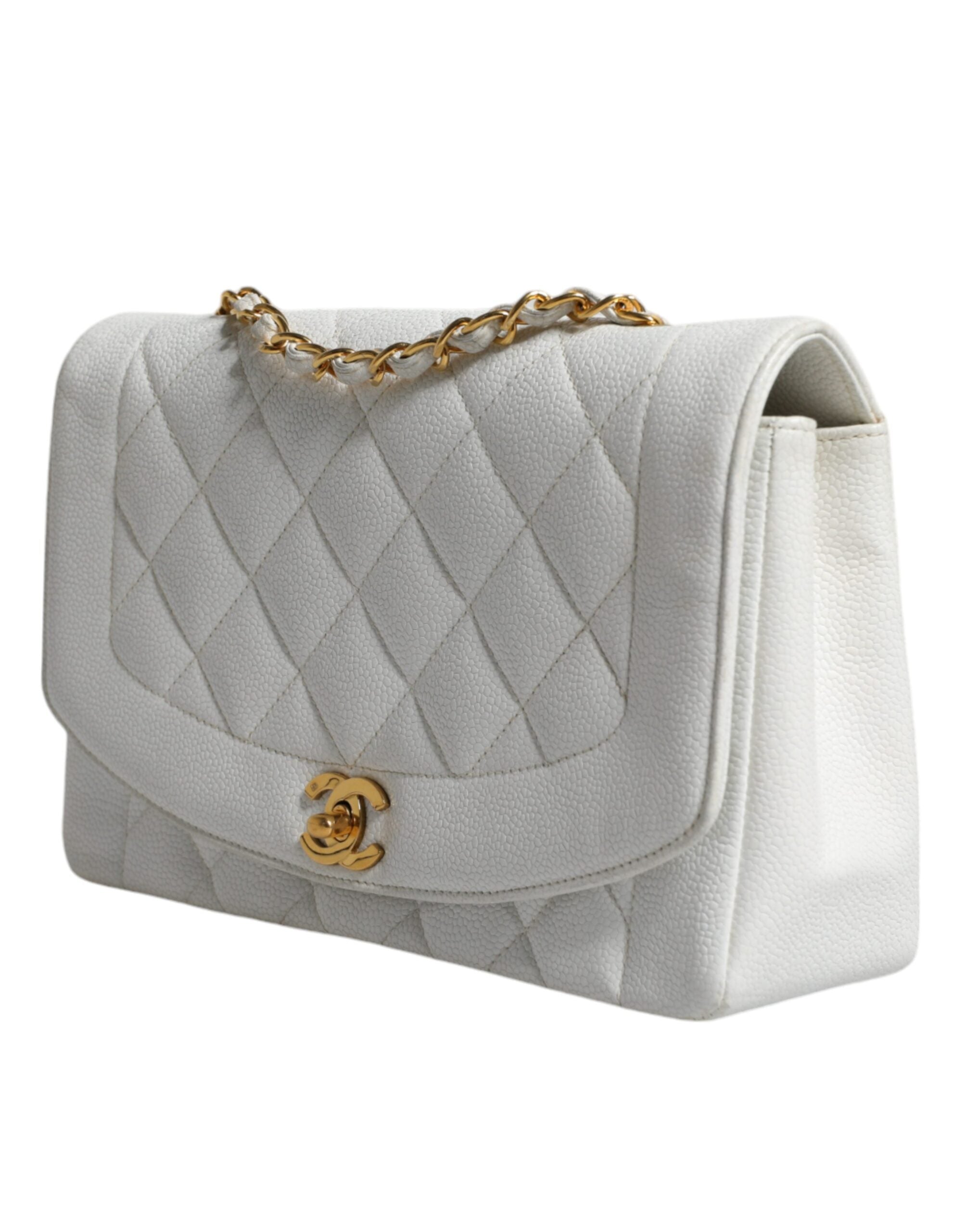 Chanel White Medium Classic DIANA Shoulder Bag Gold Plated Women's Purse