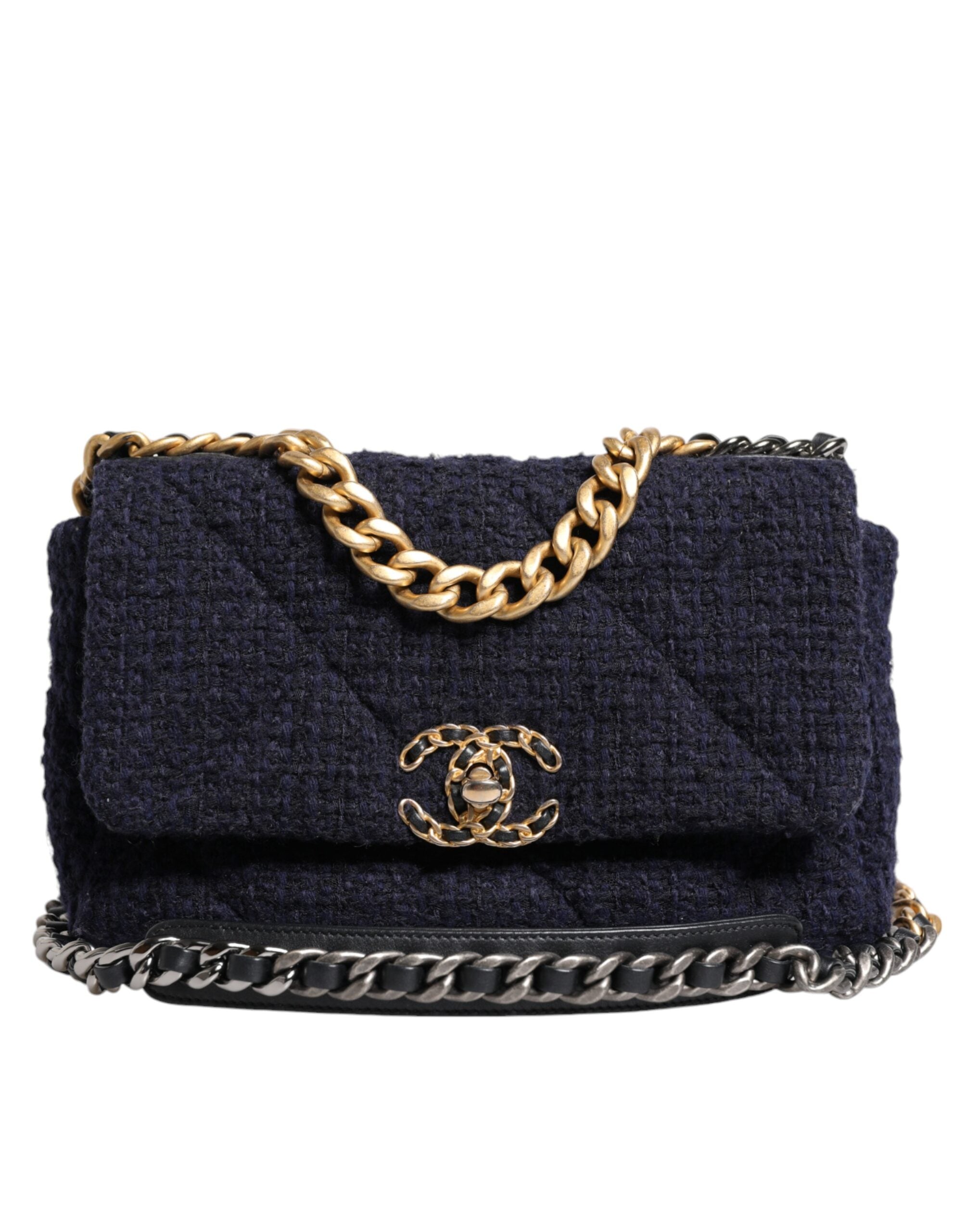 Chanel Dark Blue Medium Flap Tweed CC Gold Gray Chain Shoulder Women's Bag