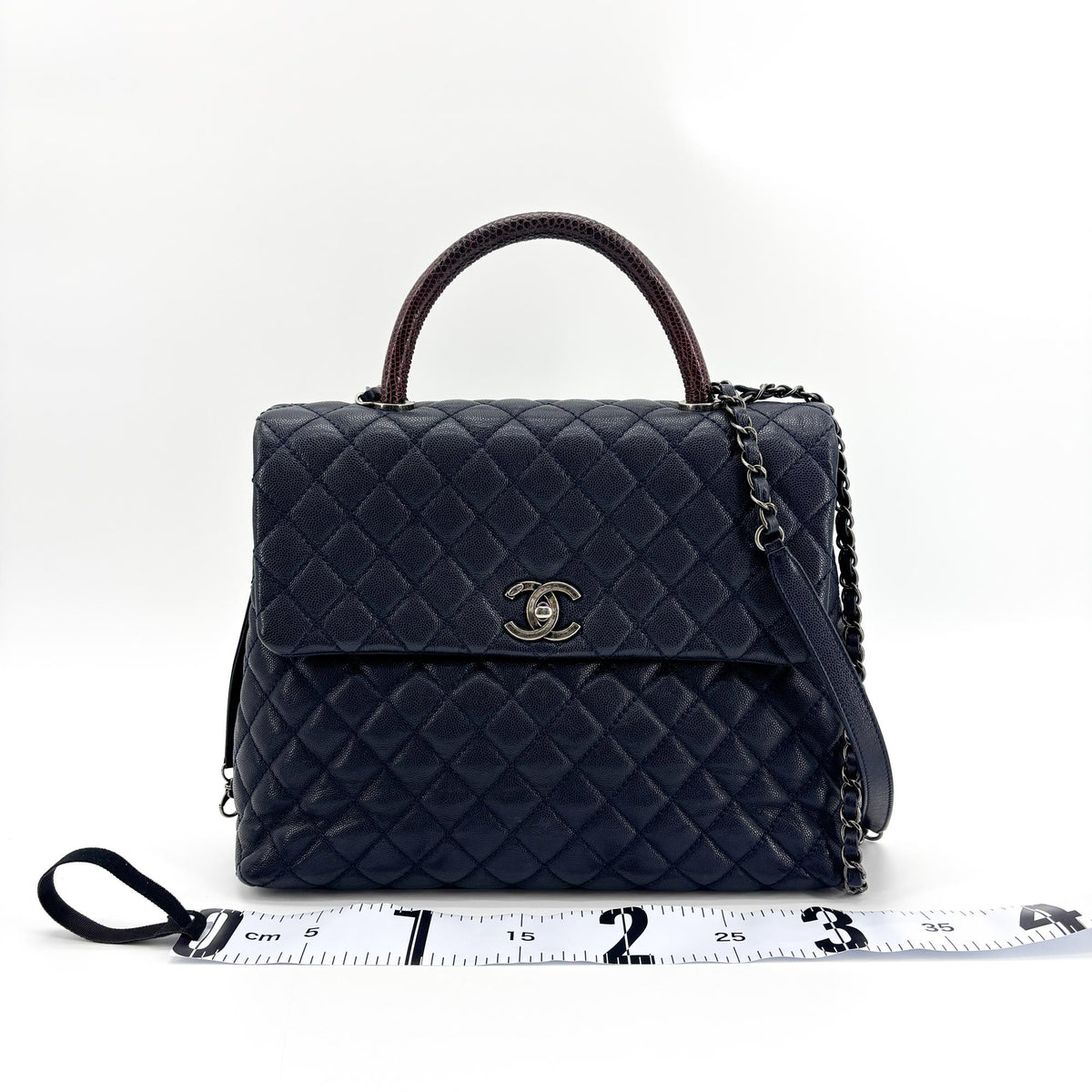 Chanel Coco Top Handle Quilted Caviar With Lizard Navy Leather Handbag (Pre-Owned)