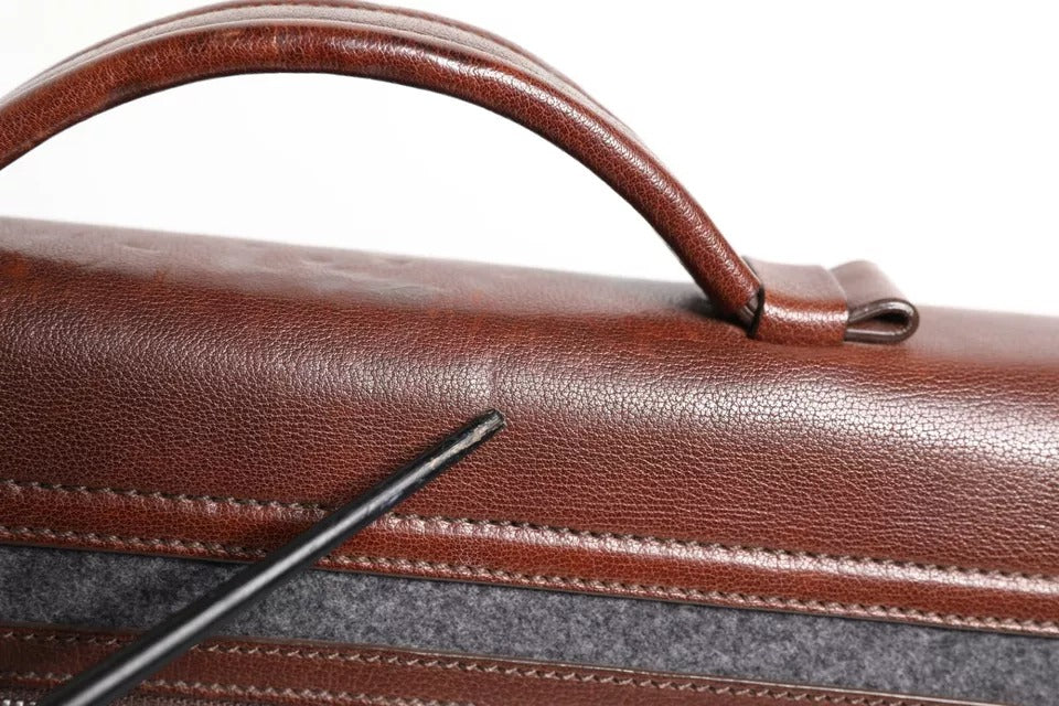 Brunello Cucinelli Brown Gray Leather Cognac Wool Business Tote Men's Bag (Pre-Owned)